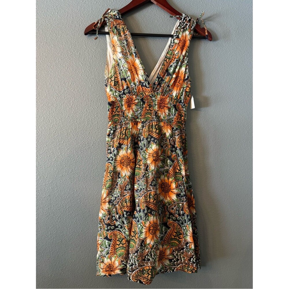 Season 100% Cotton Floral Smocked Tie Shoulder Sundress S Orange Green Boho